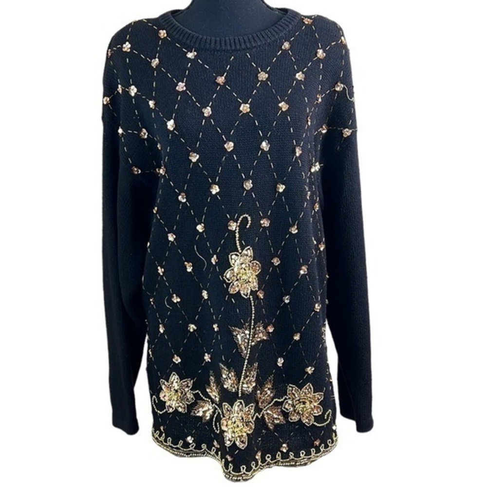 Victoria Harbour Womens Vintage Sequin Embellished Sweater Black/Gold Size Large